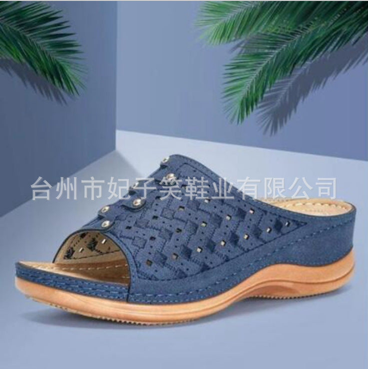 Large size casual sandals women Europe and America new solid color thick-soled carved ladies slippers sandals wish Amazon cross-border