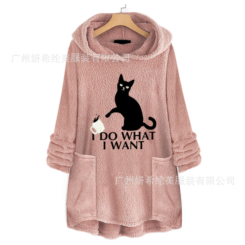 Cat Print Long Hoodies Sweatshirt Women Fleece Warm Embroidery Pocket Pullovers Cat Ear Plus Size Hoodie Top Blouse Sweat Femme