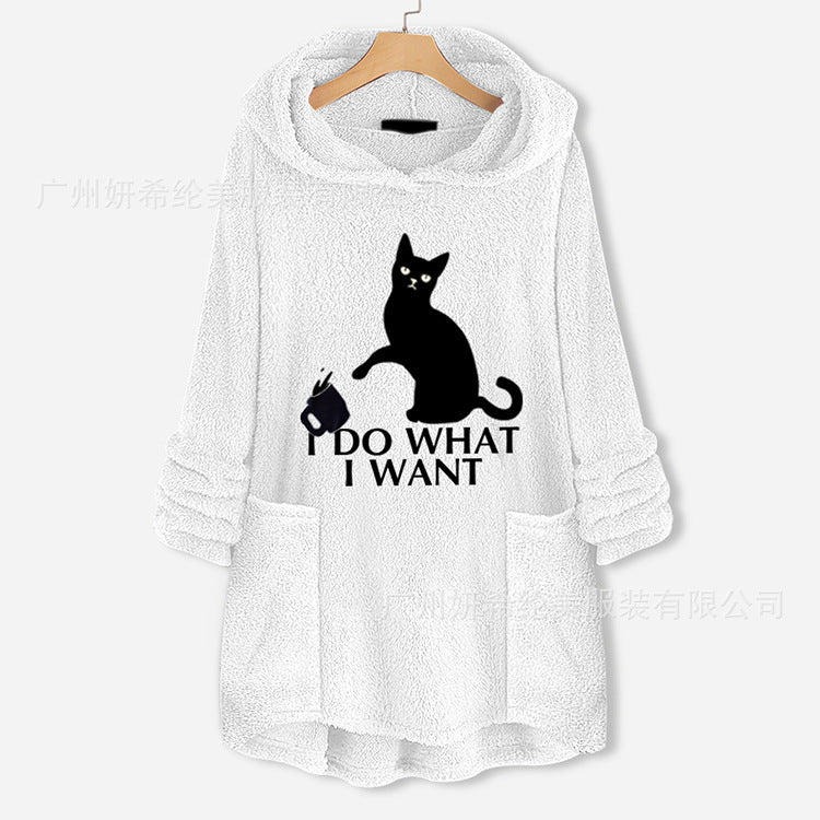 Cat Print Long Hoodies Sweatshirt Women Fleece Warm Embroidery Pocket Pullovers Cat Ear Plus Size Hoodie Top Blouse Sweat Femme