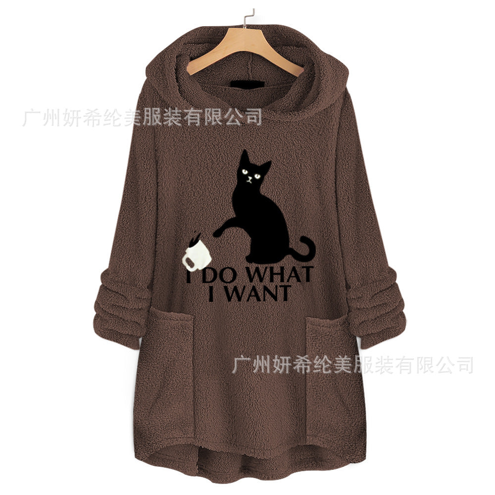 Cat Print Long Hoodies Sweatshirt Women Fleece Warm Embroidery Pocket Pullovers Cat Ear Plus Size Hoodie Top Blouse Sweat Femme