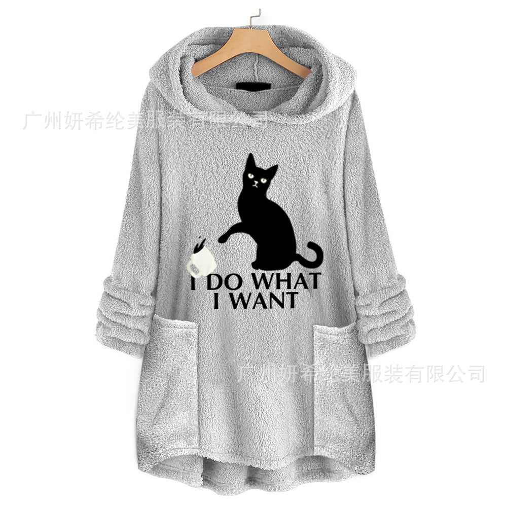 Cat Print Long Hoodies Sweatshirt Women Fleece Warm Embroidery Pocket Pullovers Cat Ear Plus Size Hoodie Top Blouse Sweat Femme