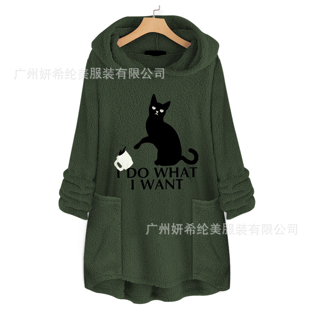Cat Print Long Hoodies Sweatshirt Women Fleece Warm Embroidery Pocket Pullovers Cat Ear Plus Size Hoodie Top Blouse Sweat Femme