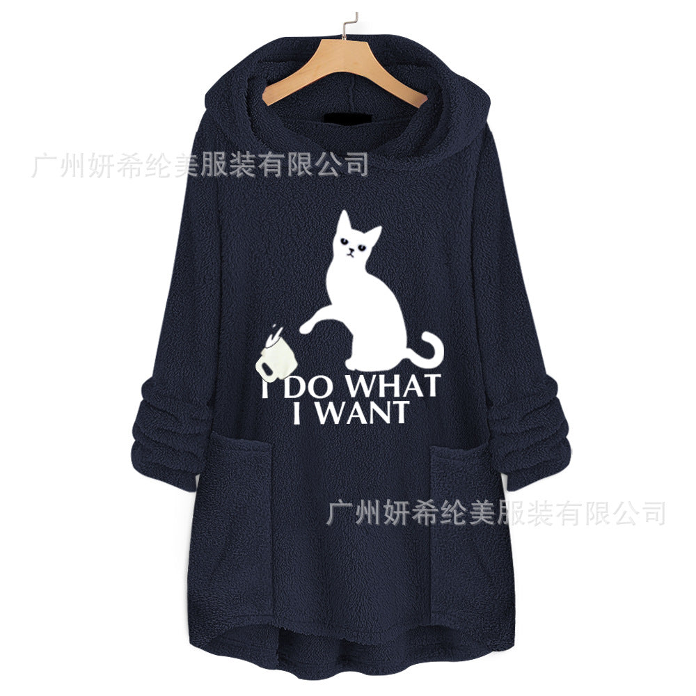 Cat Print Long Hoodies Sweatshirt Women Fleece Warm Embroidery Pocket Pullovers Cat Ear Plus Size Hoodie Top Blouse Sweat Femme