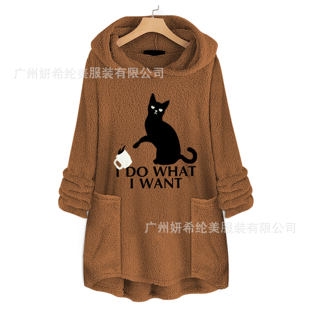 Cat Print Long Hoodies Sweatshirt Women Fleece Warm Embroidery Pocket Pullovers Cat Ear Plus Size Hoodie Top Blouse Sweat Femme