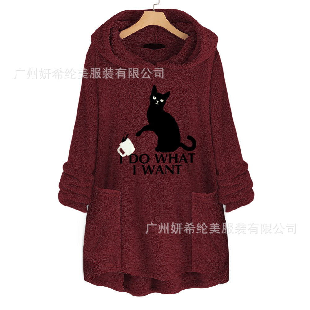 Cat Print Long Hoodies Sweatshirt Women Fleece Warm Embroidery Pocket Pullovers Cat Ear Plus Size Hoodie Top Blouse Sweat Femme