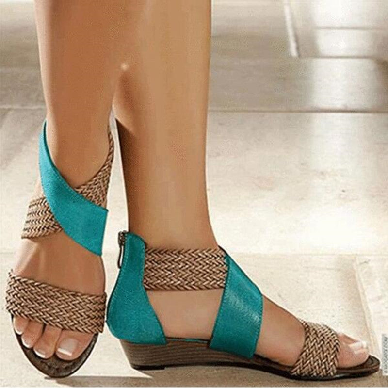Wish Amazon large size comfortable slope heel sandals female 2020 summer new bohemian retro woven sandals