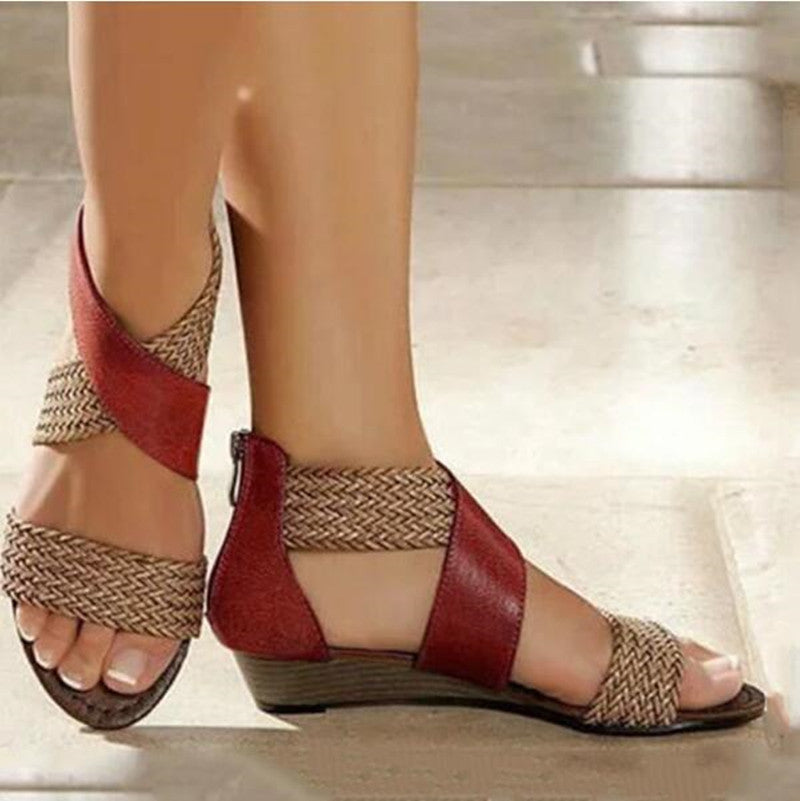 Wish Amazon large size comfortable slope heel sandals female 2020 summer new bohemian retro woven sandals