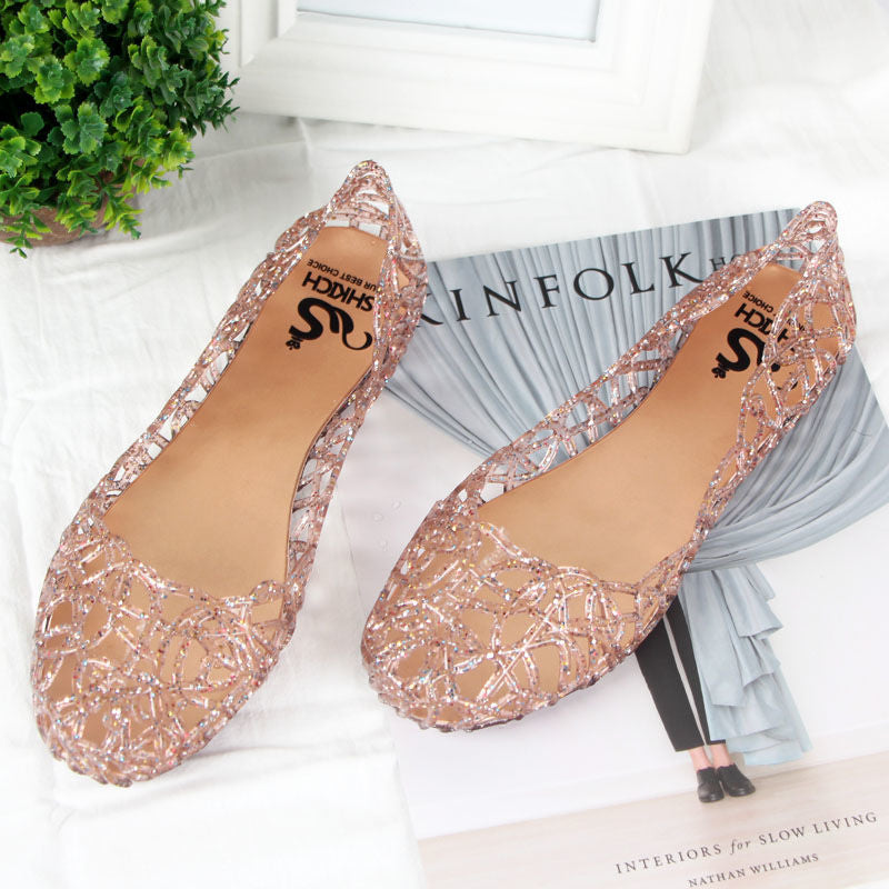 Summer women's shoes beach flat bird's nest hole shoes plastic crystal jelly shoes hollow mesh sandals mother single shoes