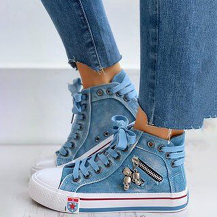 Spring and autumn new denim high-top canvas shoes ladies casual shoes student cloth shoes flat sole shoes cross-border