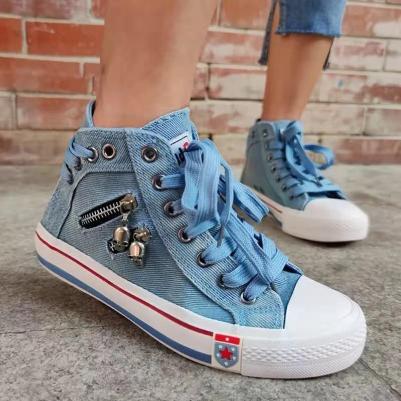 Spring and autumn new denim high-top canvas shoes ladies casual shoes student cloth shoes flat sole shoes cross-border