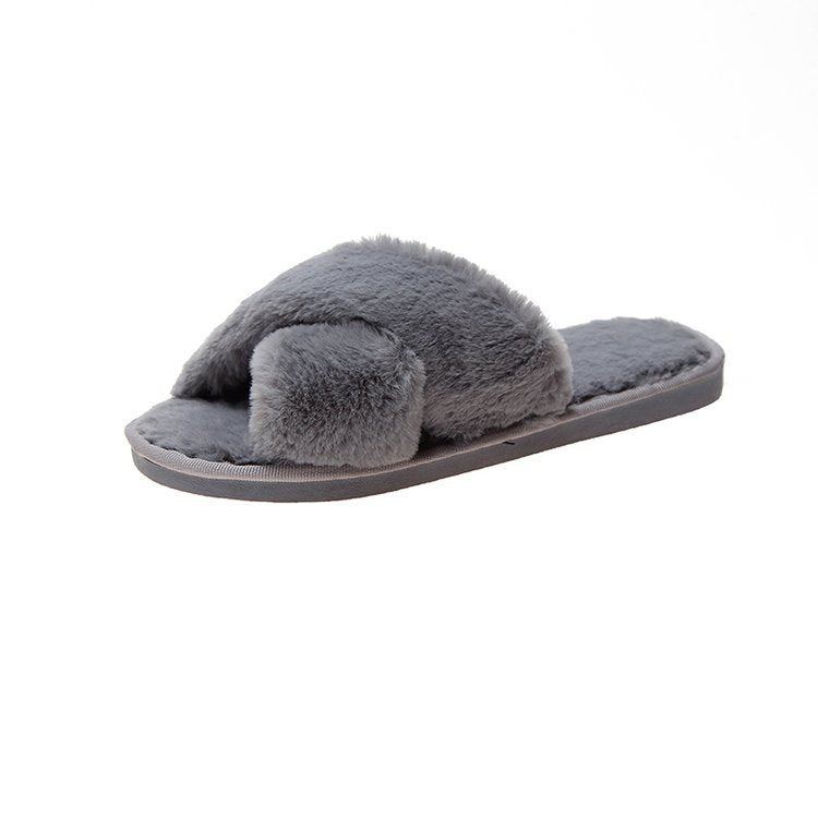 Plush slippers women 2020 winter new open-toed flat-bottom home women's slippers cross-hair shoes one generation