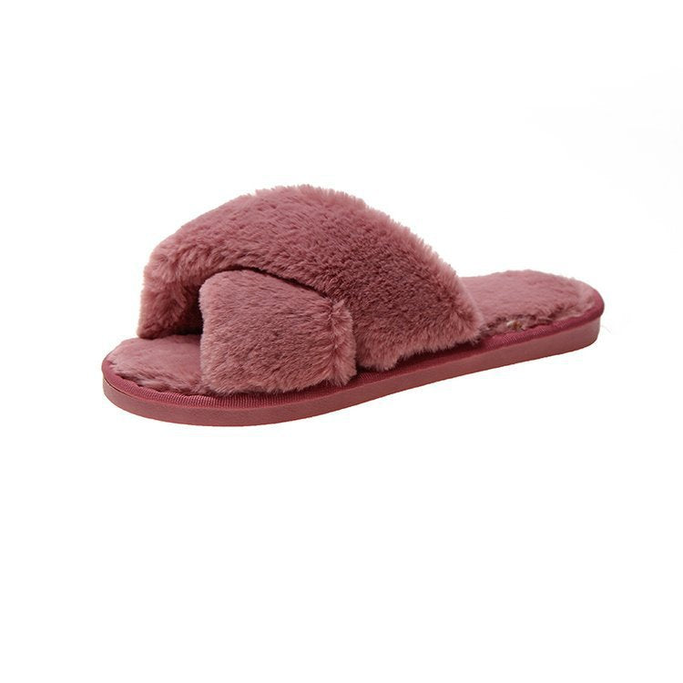 Plush slippers women 2020 winter new open-toed flat-bottom home women's slippers cross-hair shoes one generation