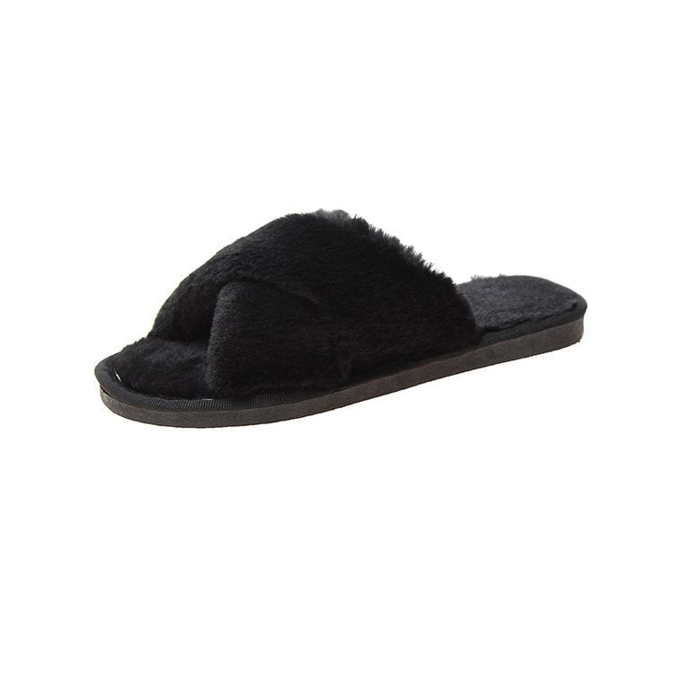 Plush slippers women 2020 winter new open-toed flat-bottom home women's slippers cross-hair shoes one generation