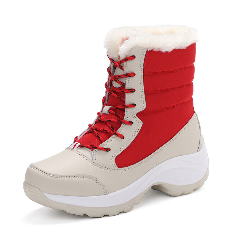Winter high-top women's shoes Korean thick-soled snow boots women's thick plush warmth waterproof lace-up mid-tube women's boots for children