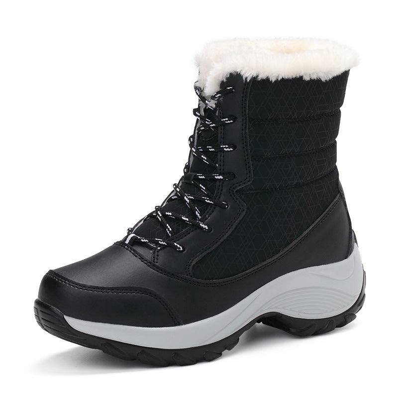 Winter high-top women's shoes Korean thick-soled snow boots women's thick plush warmth waterproof lace-up mid-tube women's boots for children