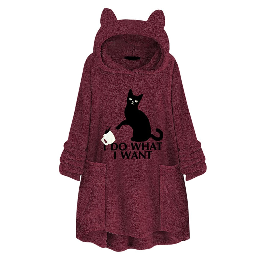 Cat Print Long Hoodies Sweatshirt Women Fleece Warm Embroidery Pocket Pullovers Cat Ear Plus Size Hoodie Top Blouse Sweat Femme
