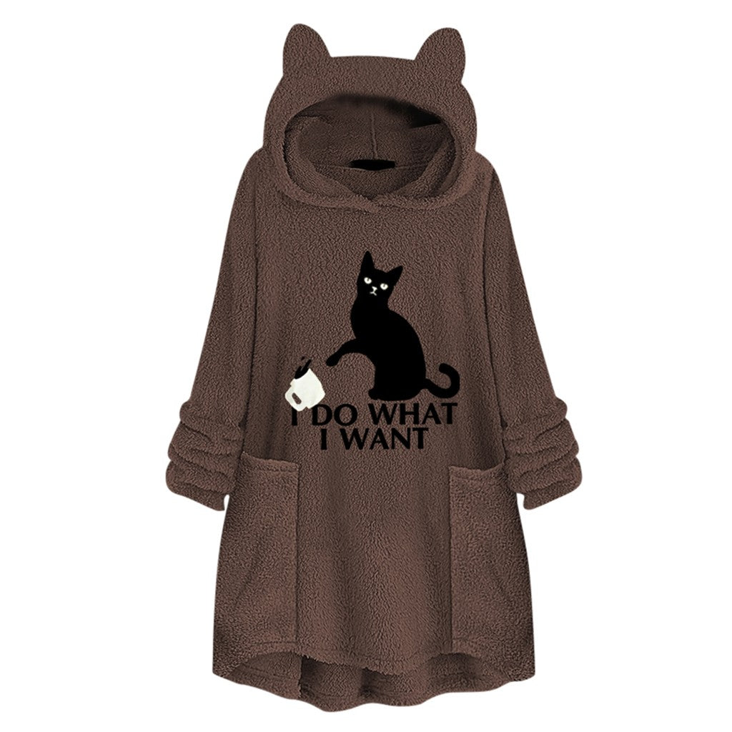 Cat Print Long Hoodies Sweatshirt Women Fleece Warm Embroidery Pocket Pullovers Cat Ear Plus Size Hoodie Top Blouse Sweat Femme