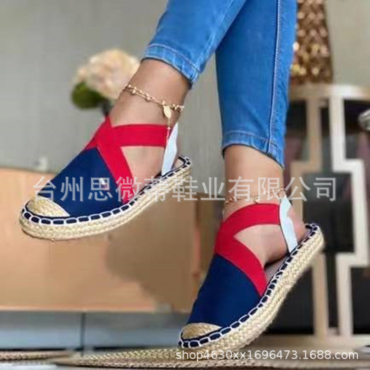 Independent station wish cross-border foreign trade new style straw woven flat elastic women's sandals large size 35-43 factory
