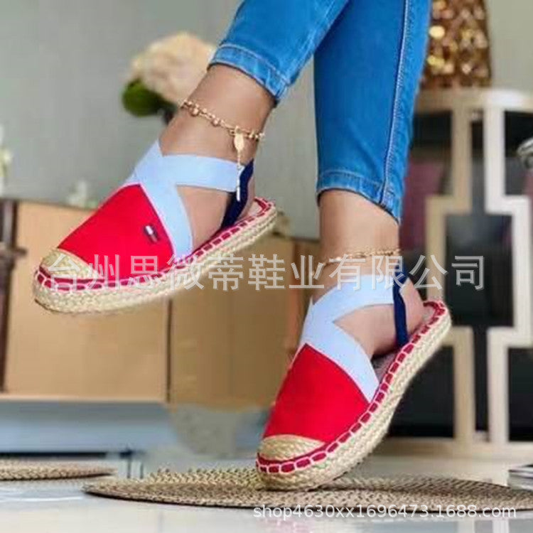 Independent station wish cross-border foreign trade new style straw woven flat elastic women's sandals large size 35-43 factory