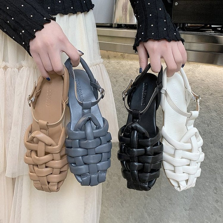 Sandals 2021 new female flat woven shoes Baotou sandals Roman fairy style fashion sandals summer