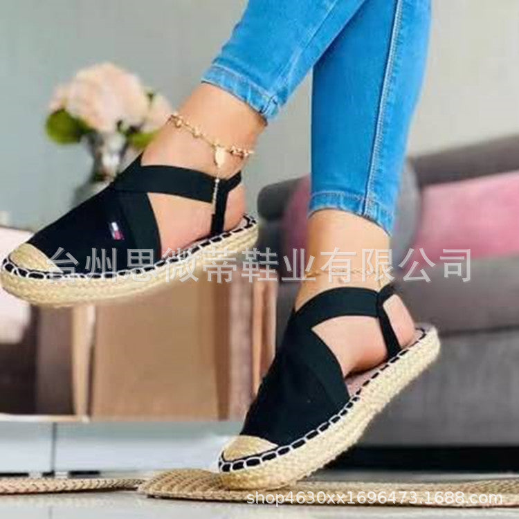 Independent station wish cross-border foreign trade new style straw woven flat elastic women's sandals large size 35-43 factory