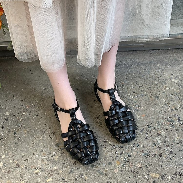 Sandals 2021 new female flat woven shoes Baotou sandals Roman fairy style fashion sandals summer