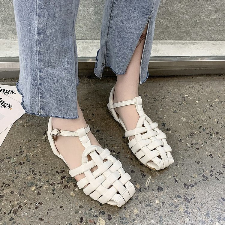 Sandals 2021 new female flat woven shoes Baotou sandals Roman fairy style fashion sandals summer