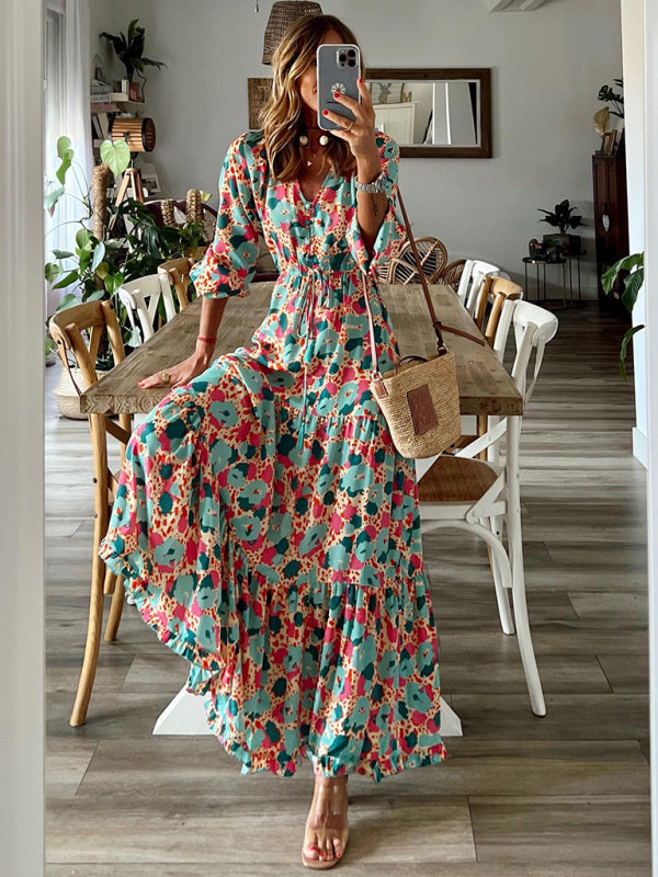 Elegant V-neck five-quarter-sleeved multicolored floral pleats stitching large swing dress