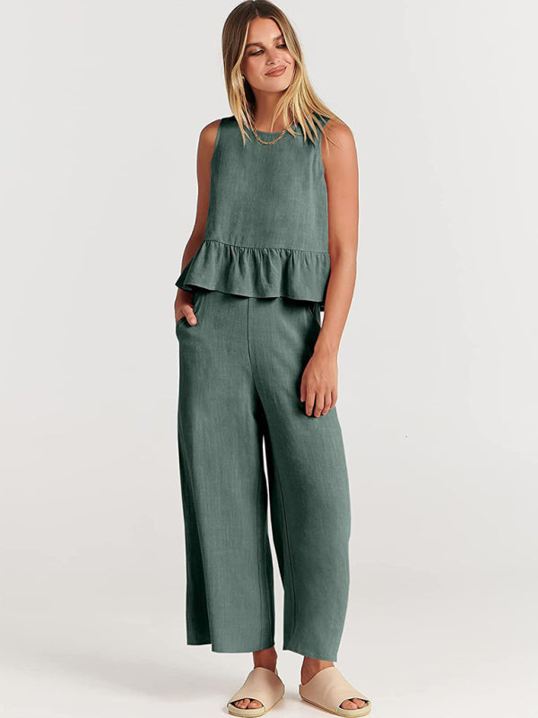 Women's Ruffle Sleeveless Top With Matching Wide-leg Pants