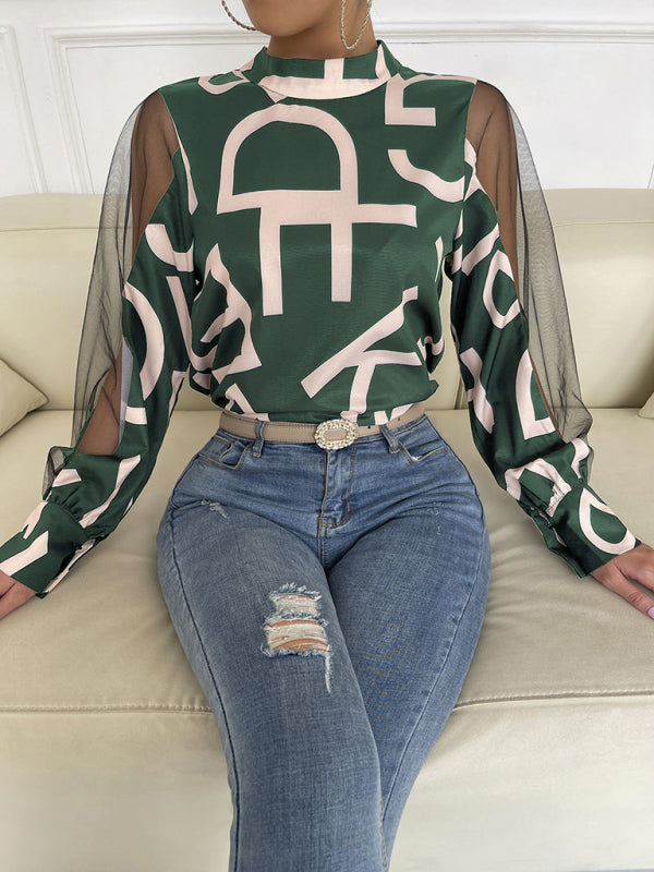 Women's geometric print stitching mesh round neck long-sleeved top