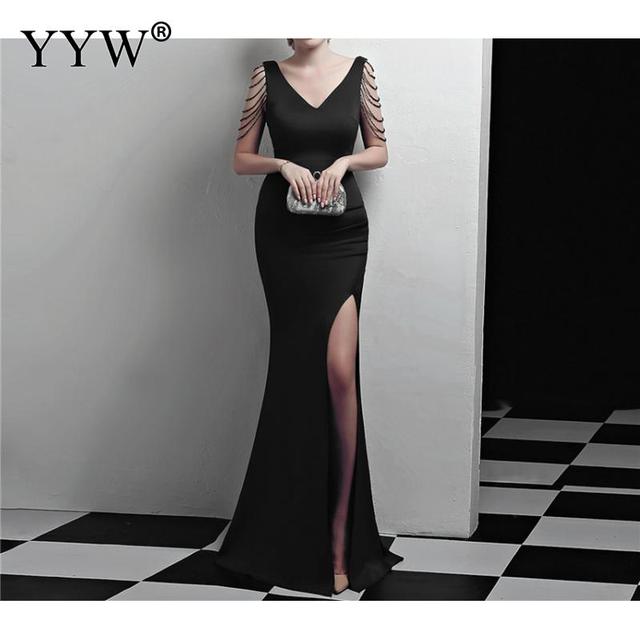 Crystal Beading V Neck Sleeveless Elegant Evening Dresses Women High Slit Formal Gowns Female Solid Green Red Sexy Club Vestidos