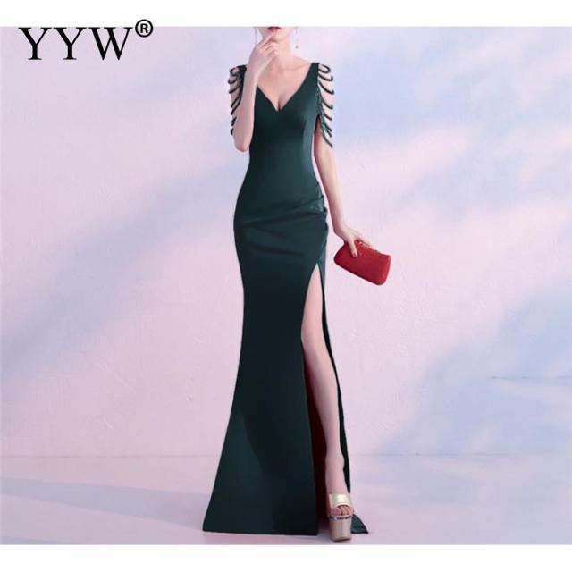 Crystal Beading V Neck Sleeveless Elegant Evening Dresses Women High Slit Formal Gowns Female Solid Green Red Sexy Club Vestidos