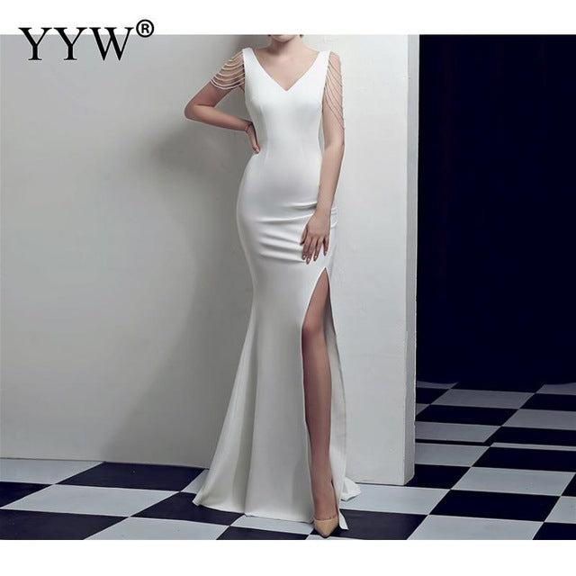 Crystal Beading V Neck Sleeveless Elegant Evening Dresses Women High Slit Formal Gowns Female Solid Green Red Sexy Club Vestidos