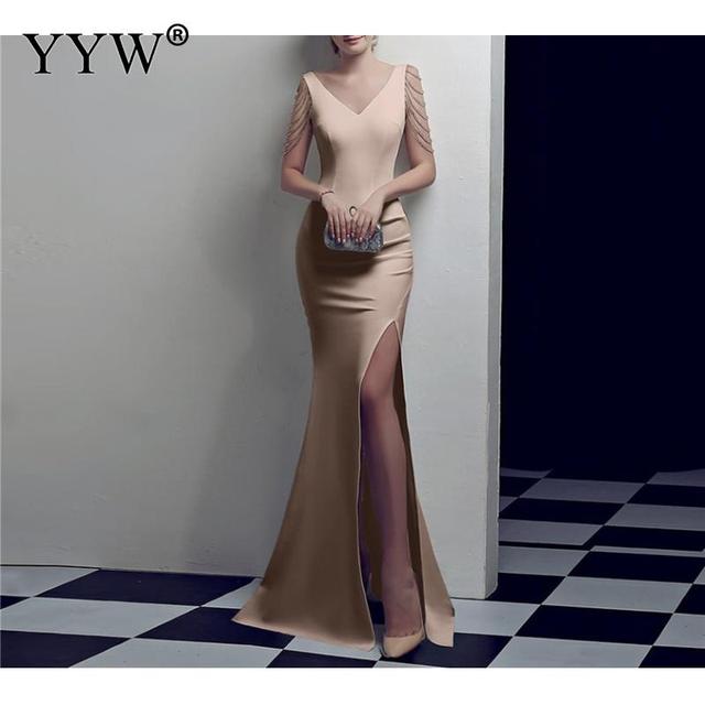 Crystal Beading V Neck Sleeveless Elegant Evening Dresses Women High Slit Formal Gowns Female Solid Green Red Sexy Club Vestidos