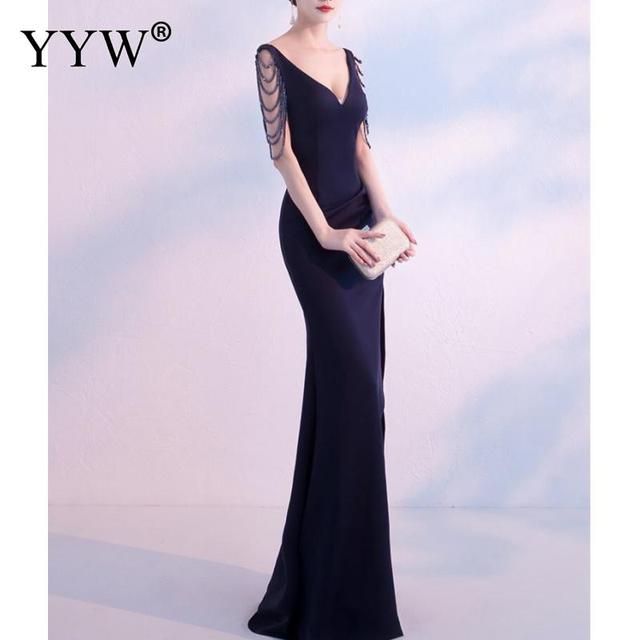 Crystal Beading V Neck Sleeveless Elegant Evening Dresses Women High Slit Formal Gowns Female Solid Green Red Sexy Club Vestidos