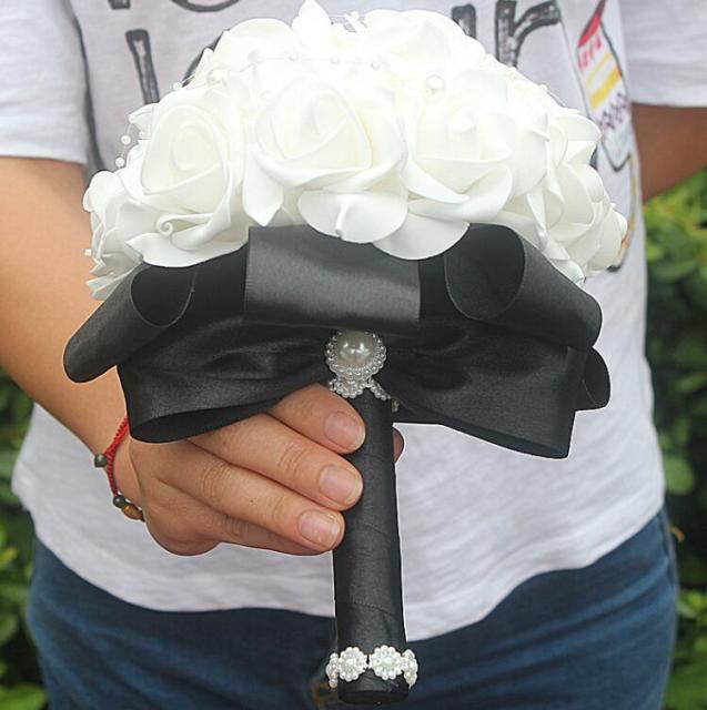 Cheap PE Rose Bridesmaid Wedding Foam flowers Rose Bridal bouquet Ribbon Fake Wedding bouquet de noiva Customized