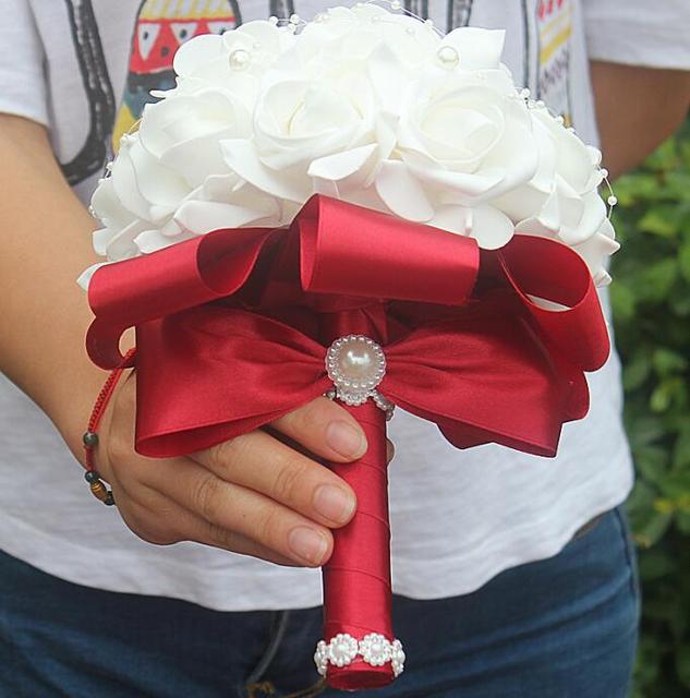 Cheap PE Rose Bridesmaid Wedding Foam flowers Rose Bridal bouquet Ribbon Fake Wedding bouquet de noiva Customized