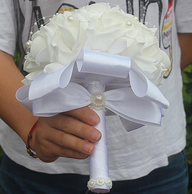 Cheap PE Rose Bridesmaid Wedding Foam flowers Rose Bridal bouquet Ribbon Fake Wedding bouquet de noiva Customized