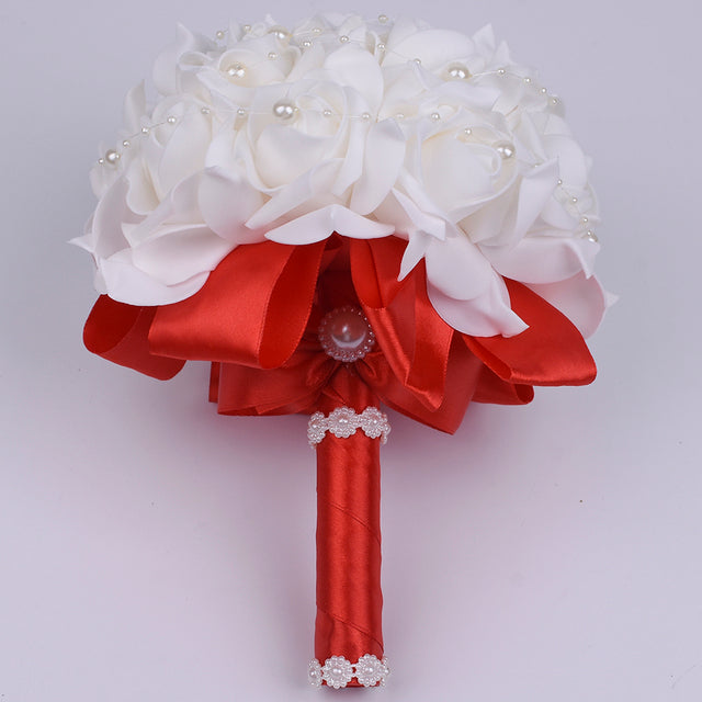 Cheap PE Rose Bridesmaid Wedding Foam flowers Rose Bridal bouquet Ribbon Fake Wedding bouquet de noiva Customized