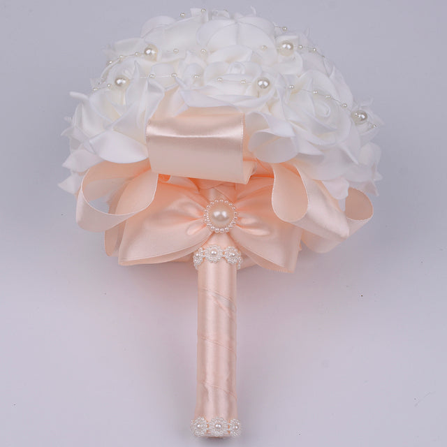 Cheap PE Rose Bridesmaid Wedding Foam flowers Rose Bridal bouquet Ribbon Fake Wedding bouquet de noiva Customized