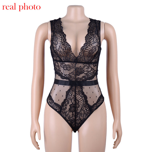 Cryptographic Sexy V-Neck Backless Lace Mesh Bodysuit Women Sleeveless Hollow Out Sheer Teddy Female Jumpsuits Fashion Body 2021
