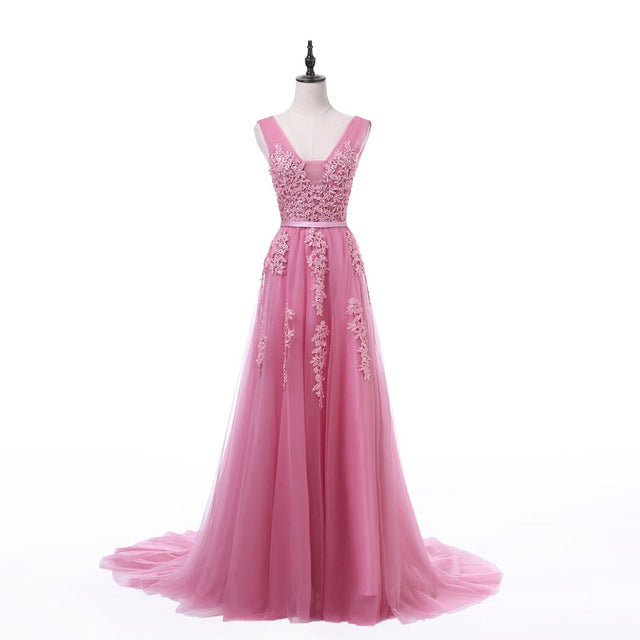 FADISTEE Vestido De Festa Sweet pink Lace V-neck Long Evening Dress Bride Party Sexy Backless beads pearls Prom Dresses lace-up