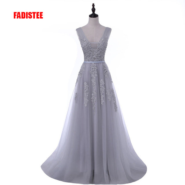 FADISTEE Vestido De Festa Sweet pink Lace V-neck Long Evening Dress Bride Party Sexy Backless beads pearls Prom Dresses lace-up