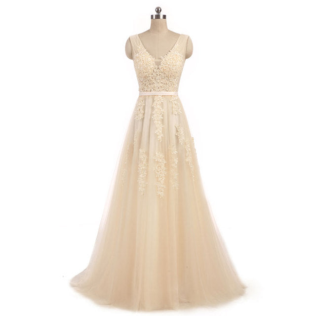 FADISTEE Vestido De Festa Sweet pink Lace V-neck Long Evening Dress Bride Party Sexy Backless beads pearls Prom Dresses lace-up