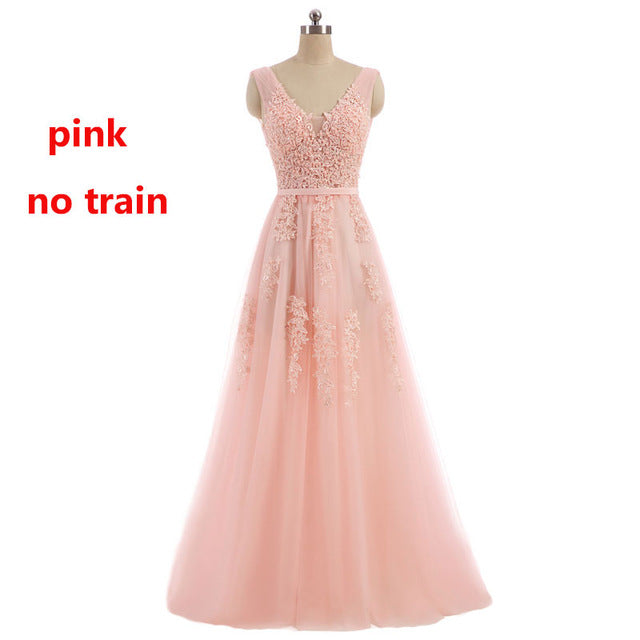 FADISTEE Vestido De Festa Sweet pink Lace V-neck Long Evening Dress Bride Party Sexy Backless beads pearls Prom Dresses lace-up