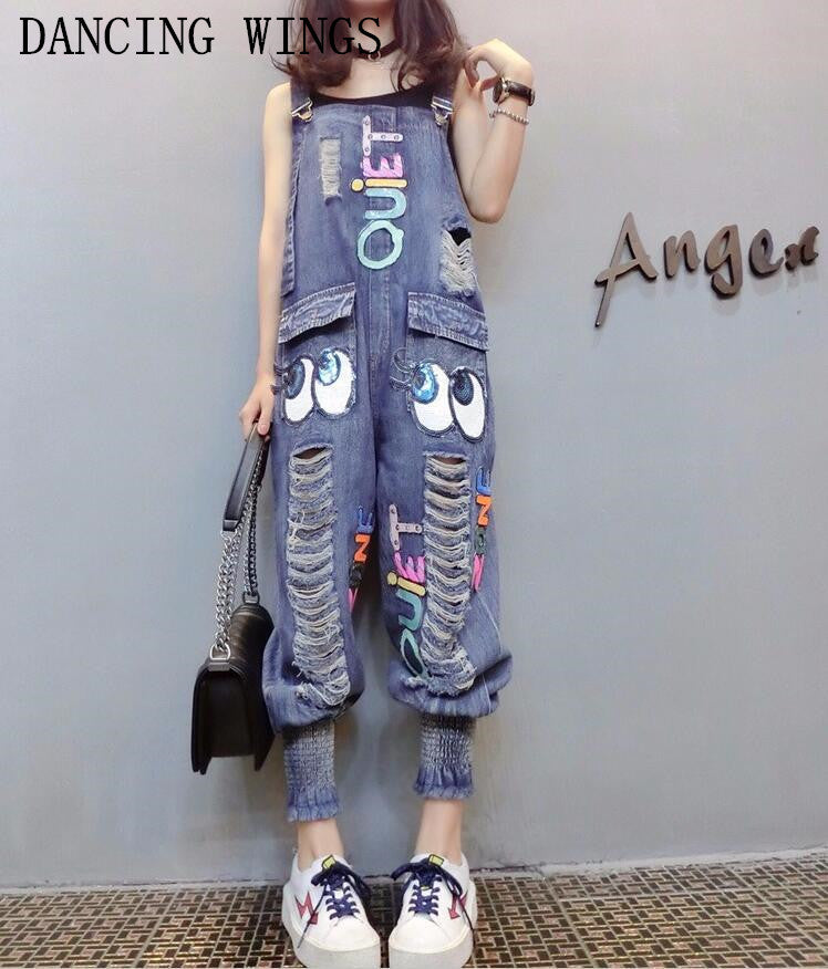 Female Denim Jumpsuits Fashion Sequins Cartoon Letters Hole Bib Pants Casual Loose Harem Pants Women Denim Overalls