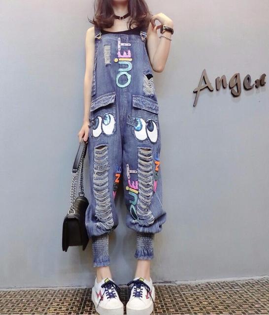 Female Denim Jumpsuits Fashion Sequins Cartoon Letters Hole Bib Pants Casual Loose Harem Pants Women Denim Overalls