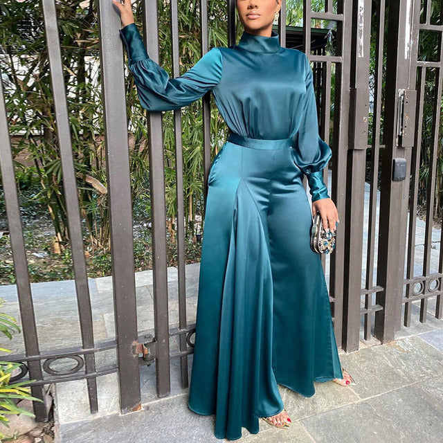 Women Satin Long Sleeve Tunic Jumpsuit Classy Wide Leg Overalls Elegant Evening Party Jumpsuit OL Workwear