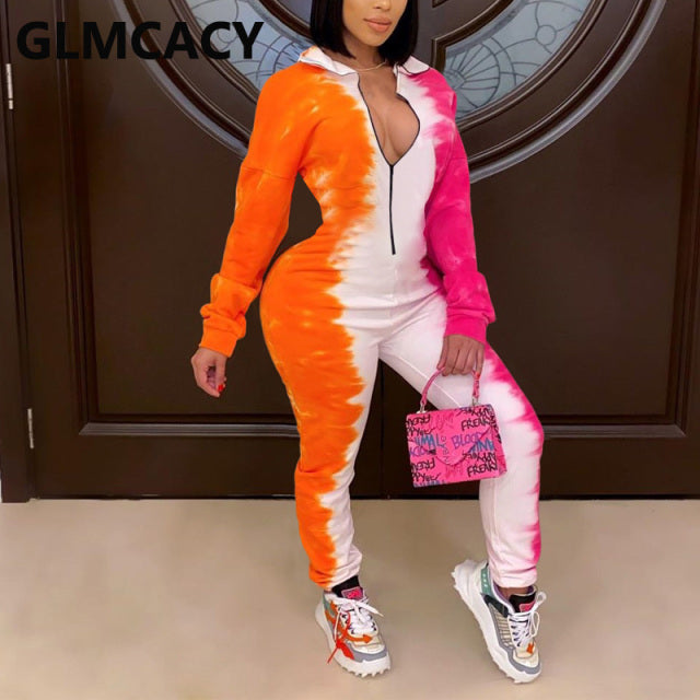 Women Tie Dye Printed Zipper Front Jumpsuit Slim Chic Ovveralls Jumpsuits