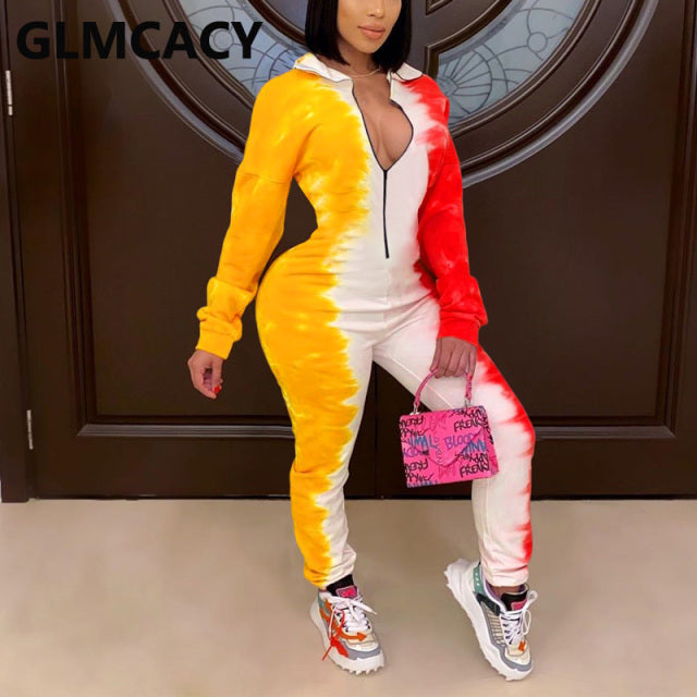 Women Tie Dye Printed Zipper Front Jumpsuit Slim Chic Ovveralls Jumpsuits
